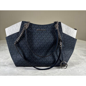 NWT Michael Kors Jet Set Travel Large Chain Shoulder Tote Bag Navy Multi Charity